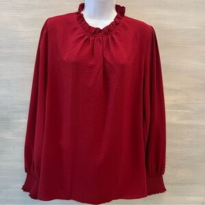 Jodifl Burgundy Wine High Ruffle Neck Balloon Sleeve Blouse Size Large GC